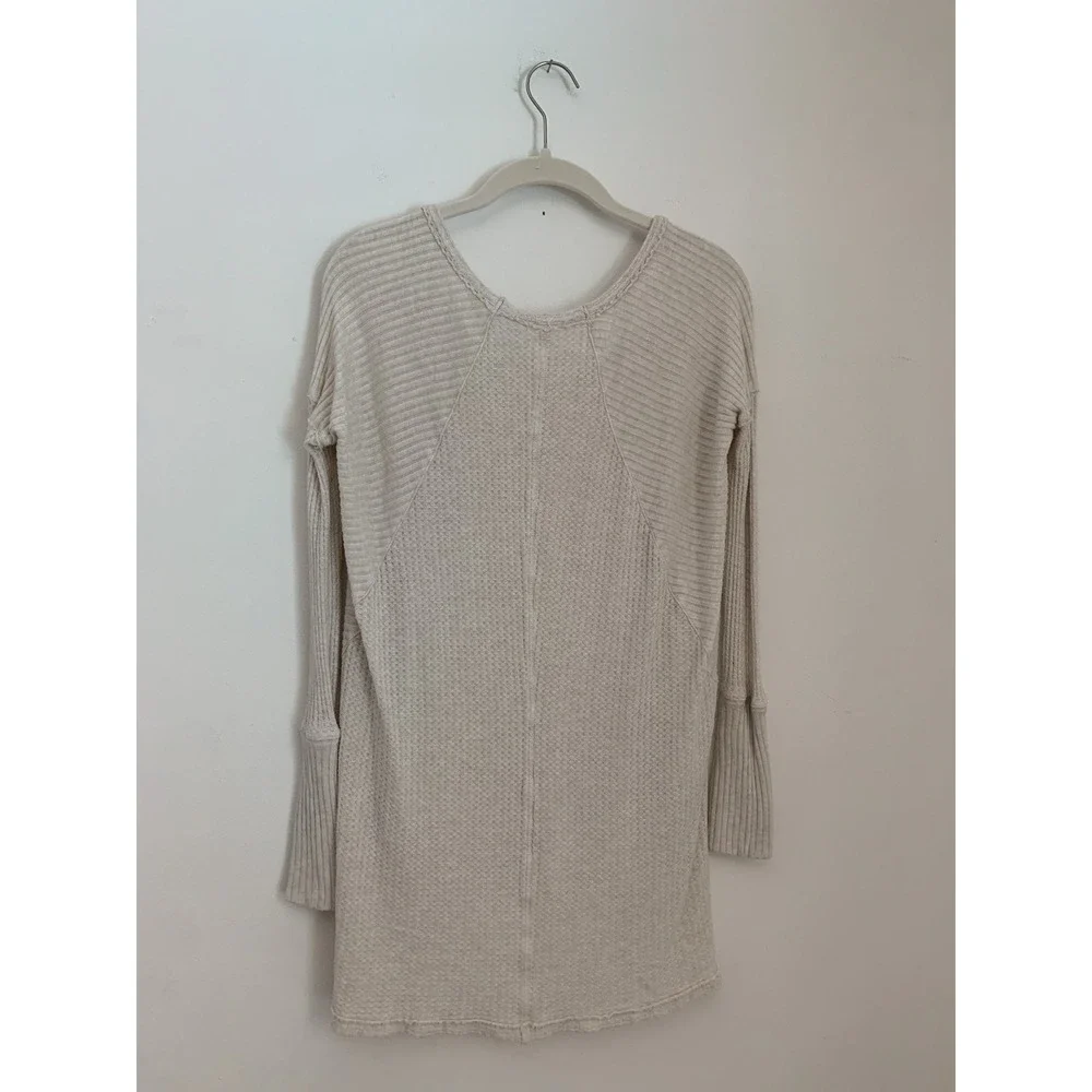 Free People‎ Sz S Ventura Pullover Beige Thermal Waffle Loose Cozy Soft Lounge